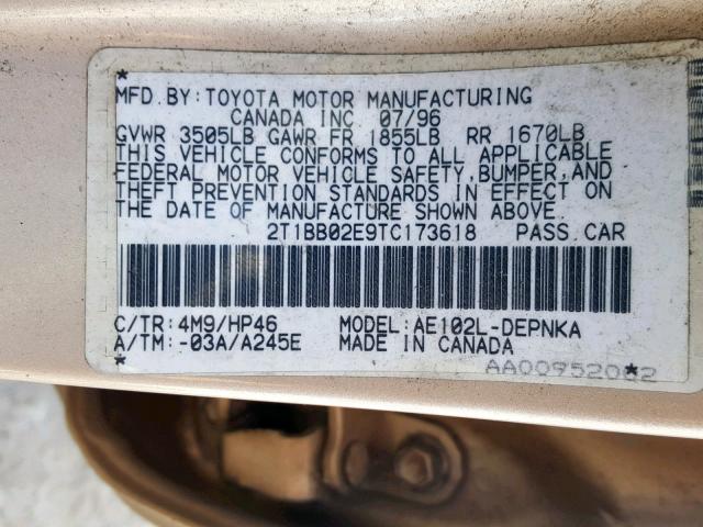 2T1BB02E9TC173618 - 1996 TOYOTA COROLLA DX BROWN photo 10