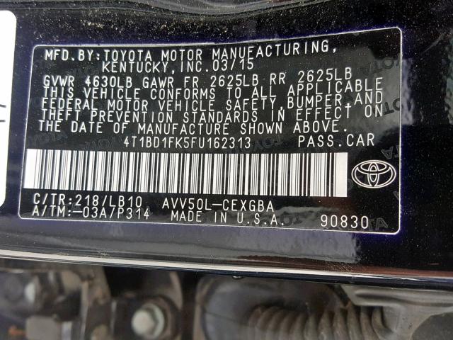 4T1BD1FK5FU162313 - 2015 TOYOTA CAMRY HYBR BLACK photo 10