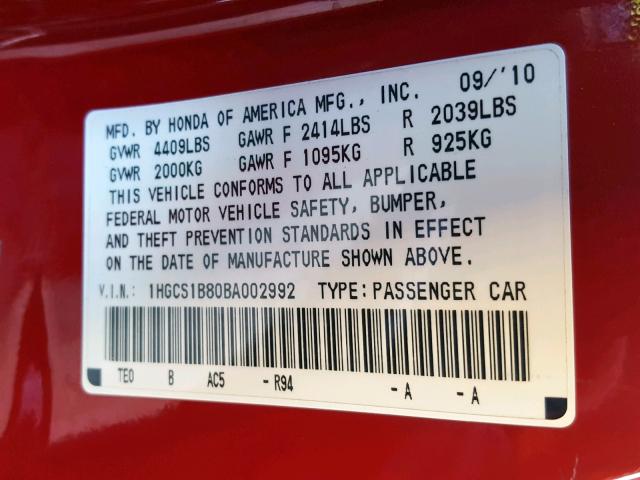 1HGCS1B80BA002992 - 2011 HONDA ACCORD EXL RED photo 10