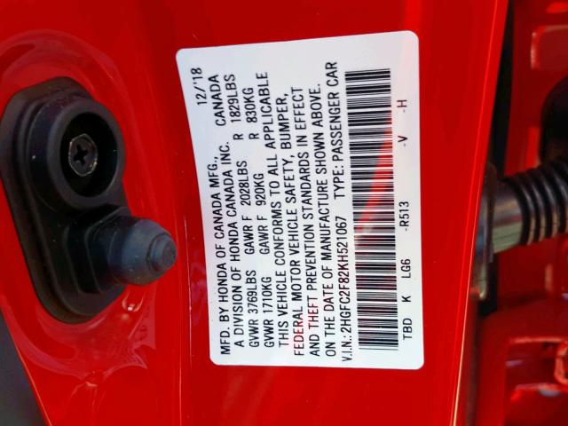 2HGFC2F82KH521067 - 2019 HONDA CIVIC SPOR RED photo 10