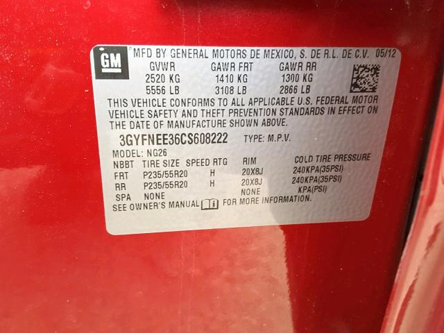 3GYFNEE36CS608222 - 2012 CADILLAC SRX PERFOR Qırmızı foto 10