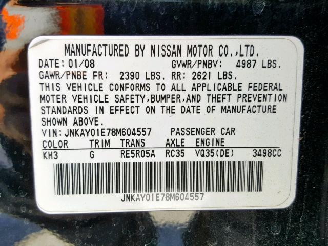 JNKAY01E78M604557 - 2008 INFINITI M35 BASE BLACK photo 10