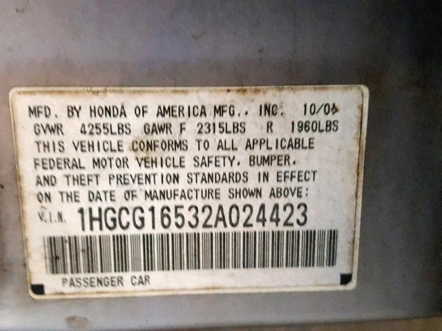 1HGCG16532A024423 - 2002 HONDA ACCORD EX SILVER photo 10