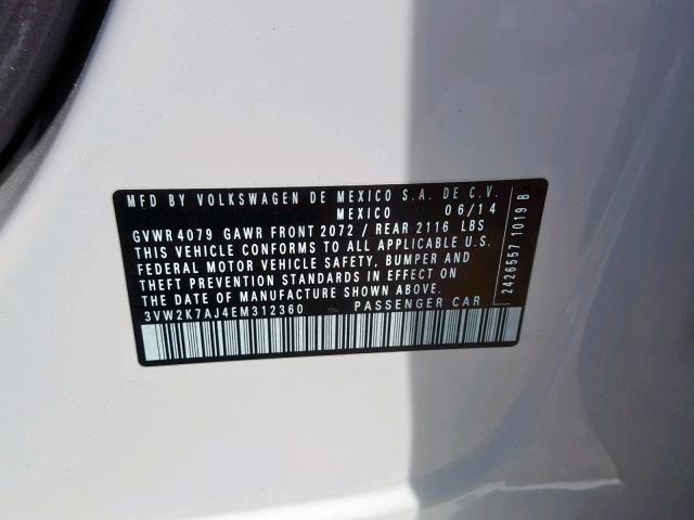 3VW2K7AJ4EM312360 - 2014 VOLKSWAGEN JETTA BASE WHITE photo 10