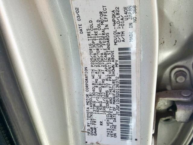 JTJGF10U520136372 - 2002 LEXUS RX 300 SILVER photo 10