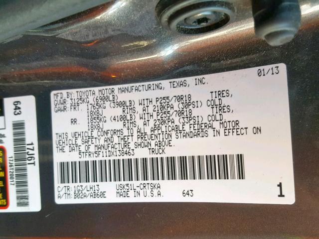 5TFRY5F11DX138463 - 2013 TOYOTA TUNDRA DOU SILVER photo 10