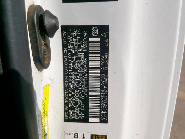 JTKDE3B71A0308156 - 2010 TOYOTA SCION TC თეთრი ფოტო 10