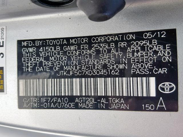 JTKJF5C7XD3045162 - 2013 TOYOTA SCION TC SILVER photo 10