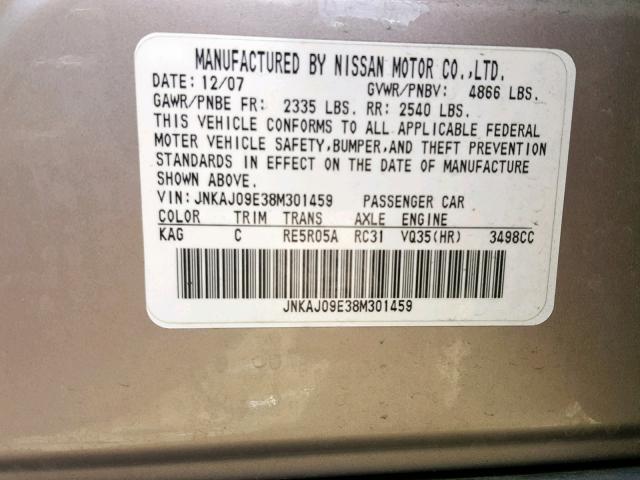 JNKAJ09E38M301459 - 2008 INFINITI EX35 BASE PINK photo 10
