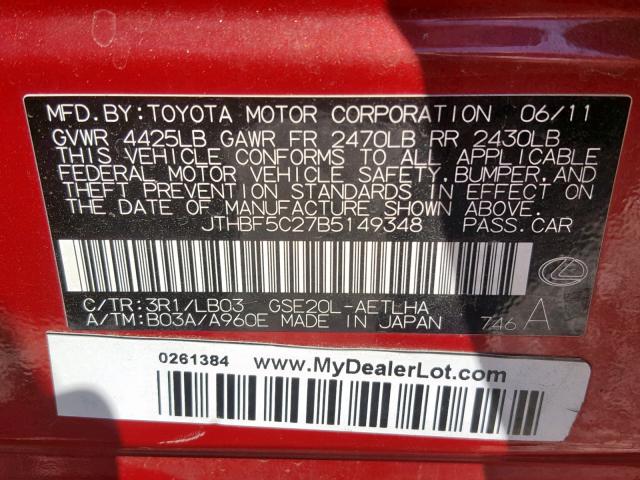 JTHBF5C27B5149348 - 2011 LEXUS IS 250 RED photo 10