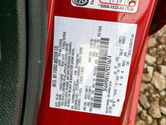 3FAHP08167R275674 - 2007 FORD FUSION SEL RED photo 10