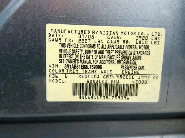 3N1AB61E08L759096 - 2008 NISSAN SENTRA 2.0 GRAY photo 10