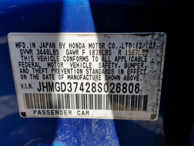 JHMGD37428S026806 - 2008 HONDA FIT BLUE photo 10