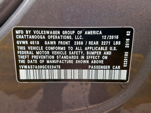 1VWAS7A39GC023475 - 2016 VOLKSWAGEN PASSAT S GRAY photo 10