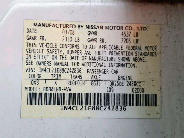 1N4CL21E88C242836 - 2008 NISSAN ALTIMA HYB WHITE photo 10