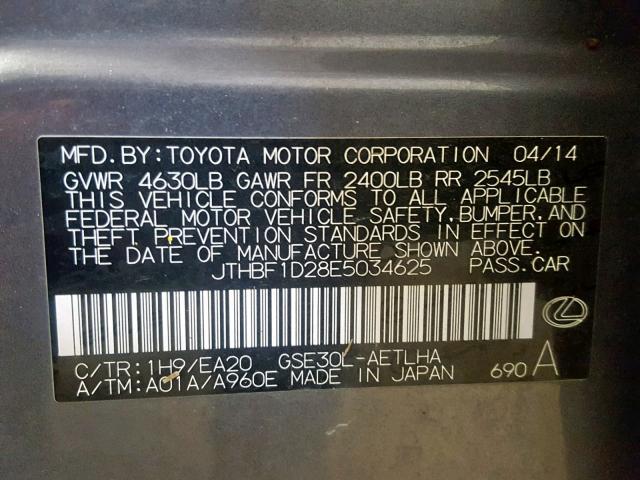 JTHBF1D28E5034625 - 2014 LEXUS IS 250 GRAY photo 10