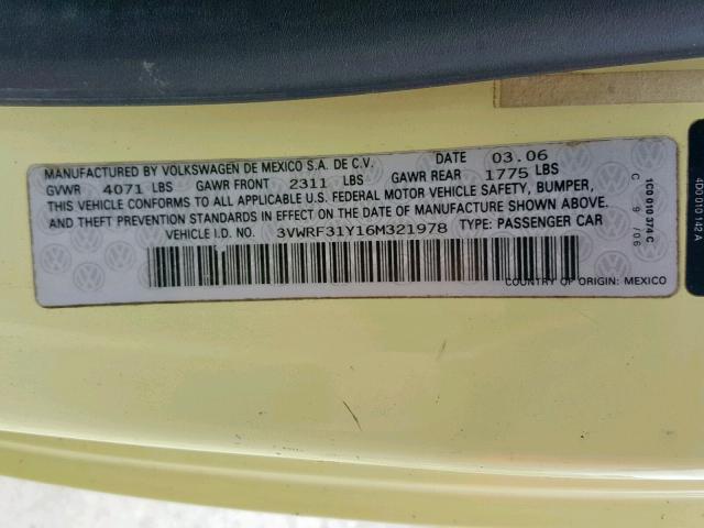 3VWRF31Y16M321978 - 2006 VOLKSWAGEN NEW BEETLE 黄色 照片 10