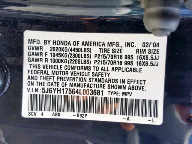 5J6YH17564L003681 - 2004 HONDA ELEMENT EX BLACK photo 10