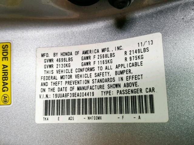 19UUA8F39EA004419 - 2014 ACURA TL SE SILVER photo 10