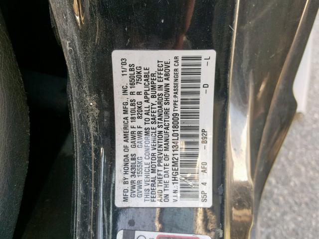 1HGEM21134L018009 - 2004 HONDA CIVIC DX V BLACK photo 10