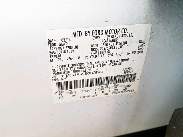 1FM5K8AR9EGB79984 - 2014 FORD EXPLORER P WHITE photo 10