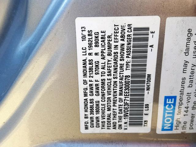 19VDE3F71EE300078 - 2014 ACURA ILX HYBRID SILVER photo 10