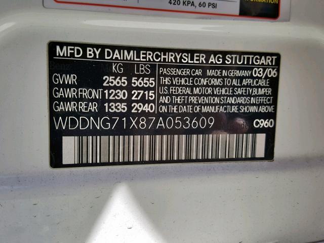 WDDNG71X87A053609 - 2007 MERCEDES-BENZ S 550 WHITE photo 10