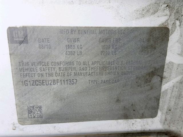 1G1ZC5EU2BF111357 - 2011 CHEVROLET MALIBU 1LT WHITE photo 10