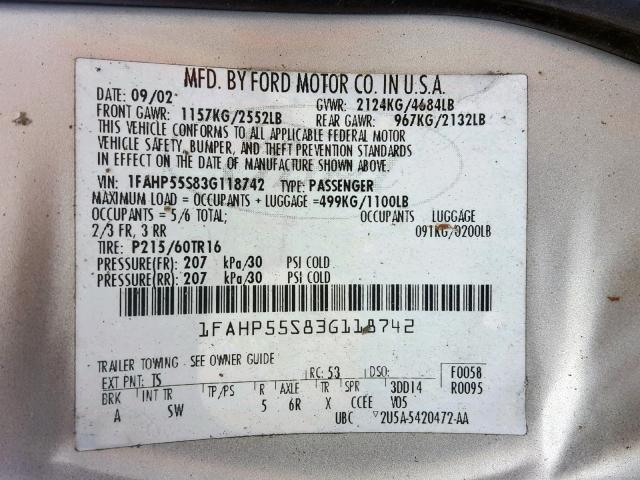 1FAHP55S83G118742 - 2003 FORD TAURUS SES SILVER photo 10