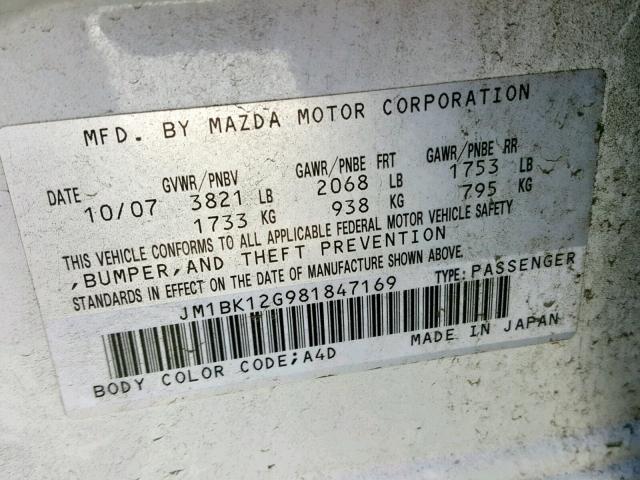 JM1BK12G981847169 - 2008 MAZDA 3 I WHITE photo 10