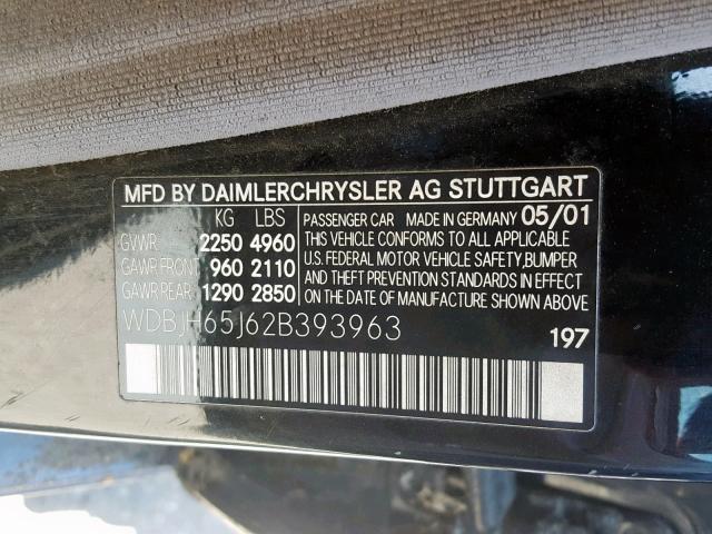 WDBJH65J62B393963 - 2002 MERCEDES-BENZ E 320 BLACK photo 10