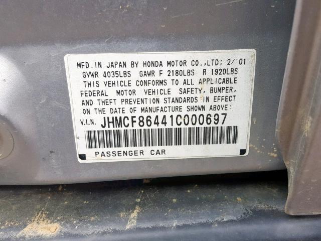 JHMCF86441C000697 - 2001 HONDA ACCORD DX SILVER photo 10