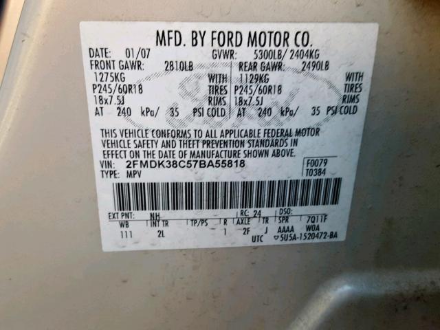 2FMDK38C57BA55818 - 2007 FORD EDGE SEL CREAM photo 10