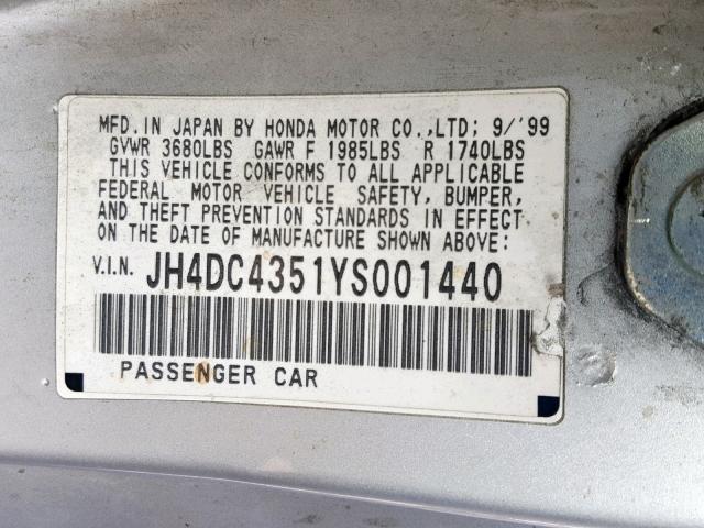 JH4DC4351YS001440 - 2000 ACURA INTEGRA LS SILVER photo 10