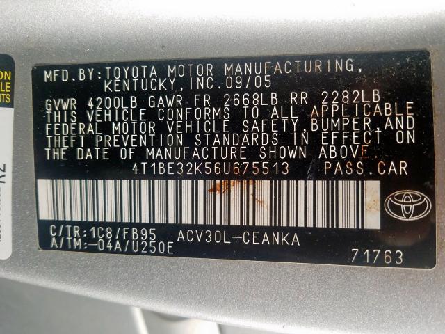 4T1BE32K56U675513 - 2006 TOYOTA CAMRY LE  photo 10