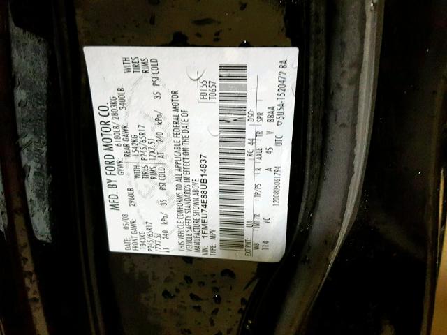 1FMEU74E88UB14837 - 2008 FORD EXPLORER E BLACK photo 10