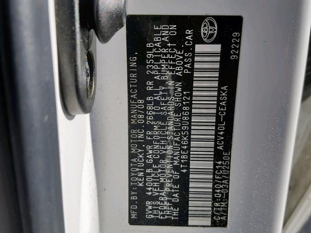 4T1BE46K59U868121 - 2009 TOYOTA CAMRY BASE WHITE photo 10