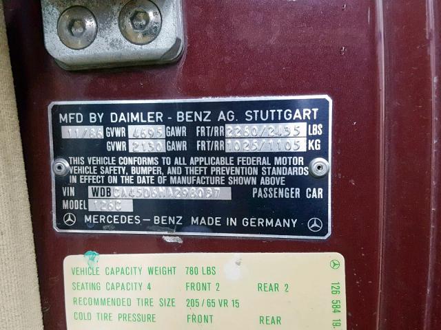 WDBCA45D6HA298037 - 1987 MERCEDES-BENZ 560 SEC MAROON photo 10