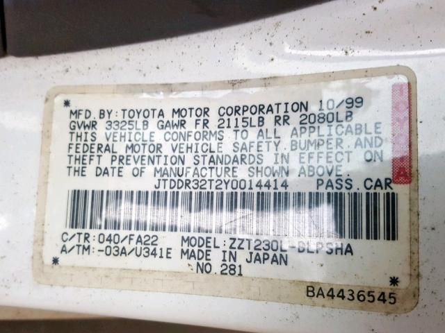 JTDDR32T2Y0014414 - 2000 TOYOTA CELICA GT WHITE photo 10