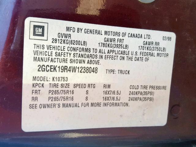 2GCEK19R4W1238048 - 1998 CHEVROLET GMT-400 K1 MAROON photo 10