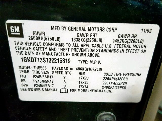 1GKDT13S732215819 - 2003 GMC ENVOY GREEN photo 10