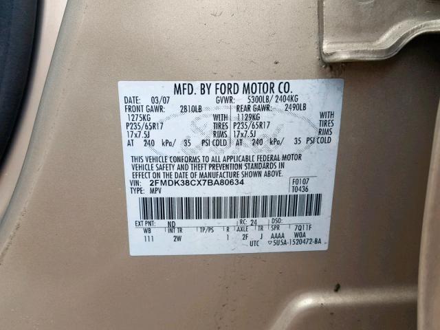 2FMDK38CX7BA80634 - 2007 FORD EDGE SEL GOLD photo 10