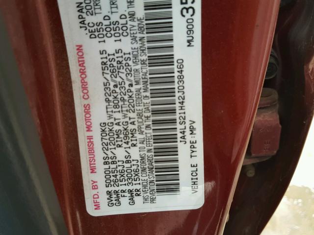 JA4LS21H42J038460 - 2002 MITSUBISHI MONTERO SP BURGUNDY photo 10