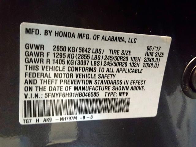 5FNYF6H91HB046585 - 2017 HONDA PILOT TOURING  photo 10