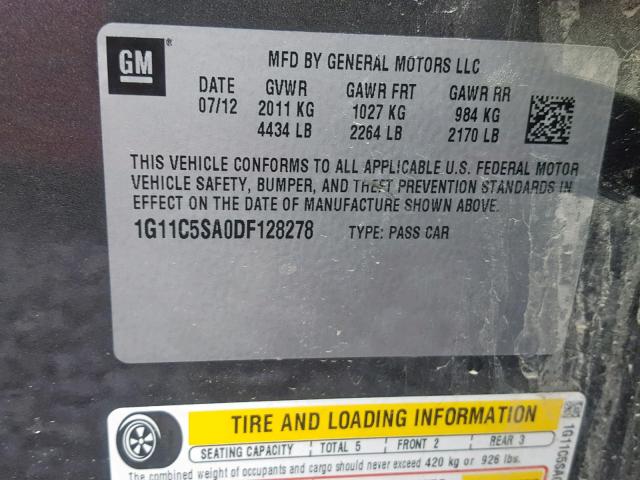 1G11C5SA0DF128278 - 2013 CHEVROLET MALIBU 1LT 石墨色 照片 10