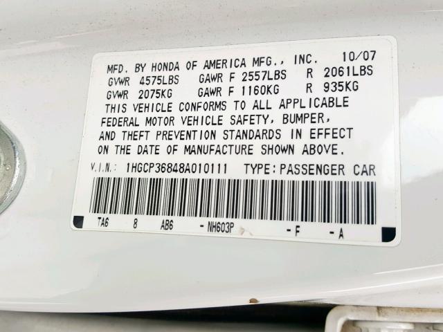 1HGCP36848A010111 - 2008 HONDA ACCORD EXL WHITE photo 10