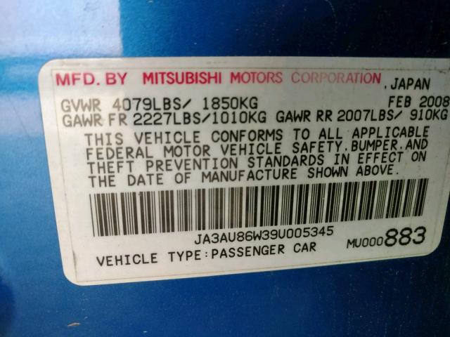 JA3AU86W39U005345 - 2009 MITSUBISHI LANCER GTS BLUE photo 10