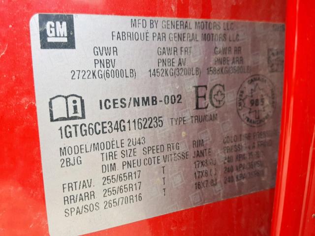 1GTG6CE34G1162235 - 2016 GMC CANYON SLE RED photo 10