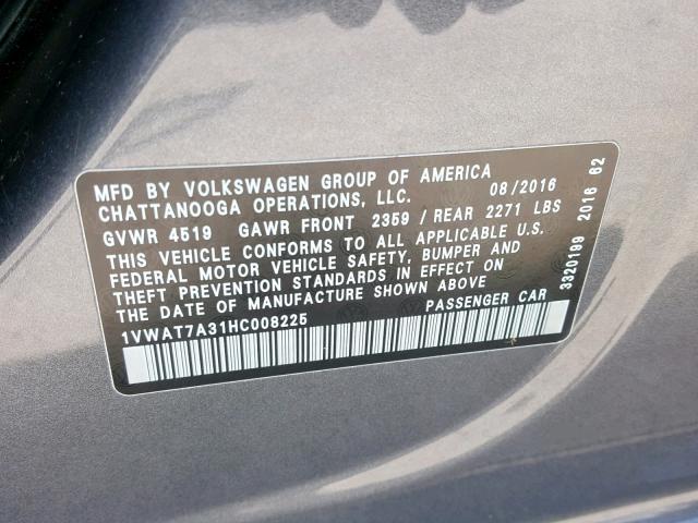 1VWAT7A31HC008225 - 2017 VOLKSWAGEN PASSAT S GRAY photo 10