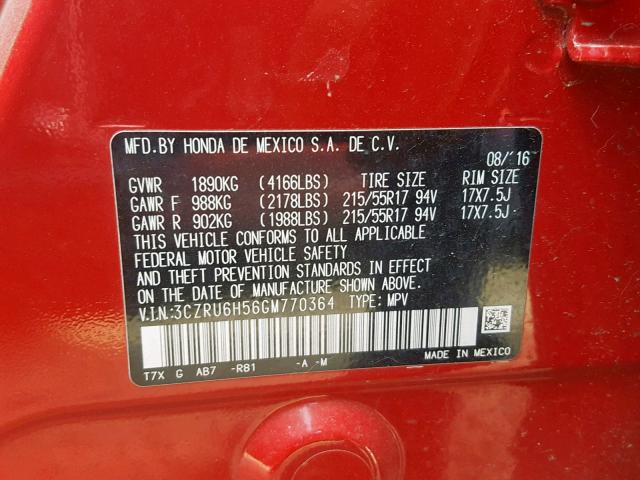 3CZRU6H56GM770364 - 2016 HONDA HR-V EX RED photo 10